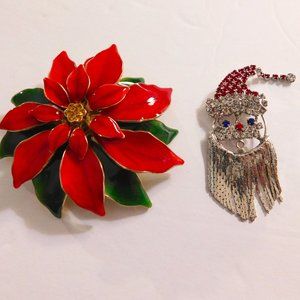 Vintage Poinsettia Brooch Pin and Santa Rhinestone Brooch Pin